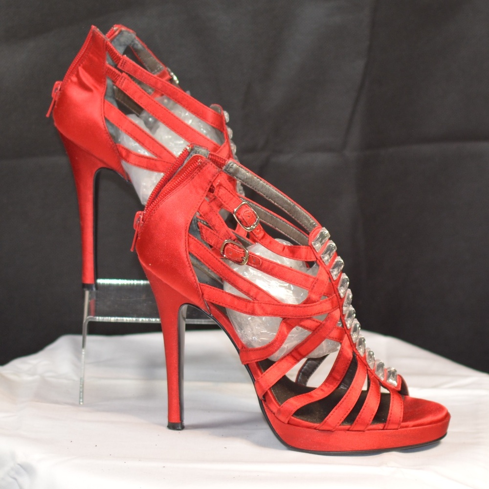 Red Satin Sandal heel with Rhinestones Sz 39/8